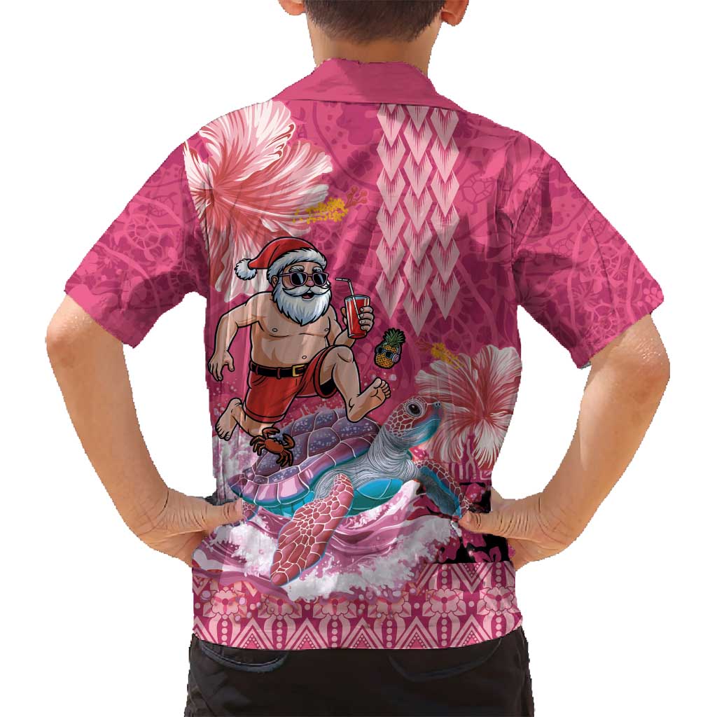 Hawaii Mele Kalikimaka Family Matching Off Shoulder Maxi Dress and Hawaiian Shirt Funny Santa with Tribal Tattoos Kakau Pink Color - Polynesian Pride