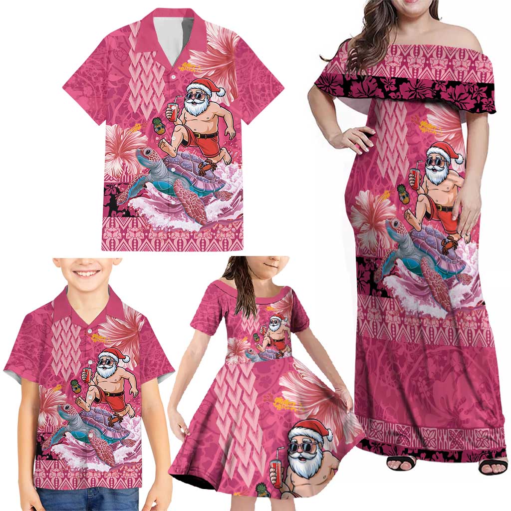 Hawaii Mele Kalikimaka Family Matching Off Shoulder Maxi Dress and Hawaiian Shirt Funny Santa with Tribal Tattoos Kakau Pink Color - Polynesian Pride