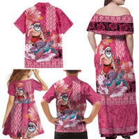 Hawaii Mele Kalikimaka Family Matching Off Shoulder Maxi Dress and Hawaiian Shirt Funny Santa with Tribal Tattoos Kakau Pink Color - Polynesian Pride