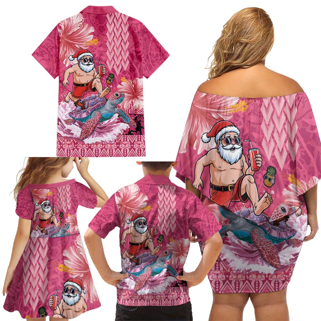 Hawaii Mele Kalikimaka Family Matching Off Shoulder Short Dress and Hawaiian Shirt Funny Santa with Tribal Tattoos Kakau Pink Color - Polynesian Pride