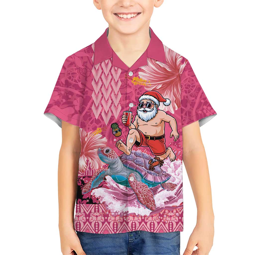 Hawaii Mele Kalikimaka Family Matching Puletasi and Hawaiian Shirt Funny Santa with Tribal Tattoos Kakau Pink Color LT03 Son's Shirt Pink - Polynesian Pride