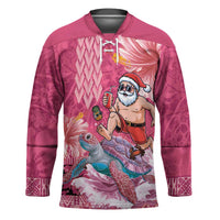 Hawaii Mele Kalikimaka Hockey Jersey Funny Santa with Tribal Tattoos Kakau Pink Color - Polynesian Pride