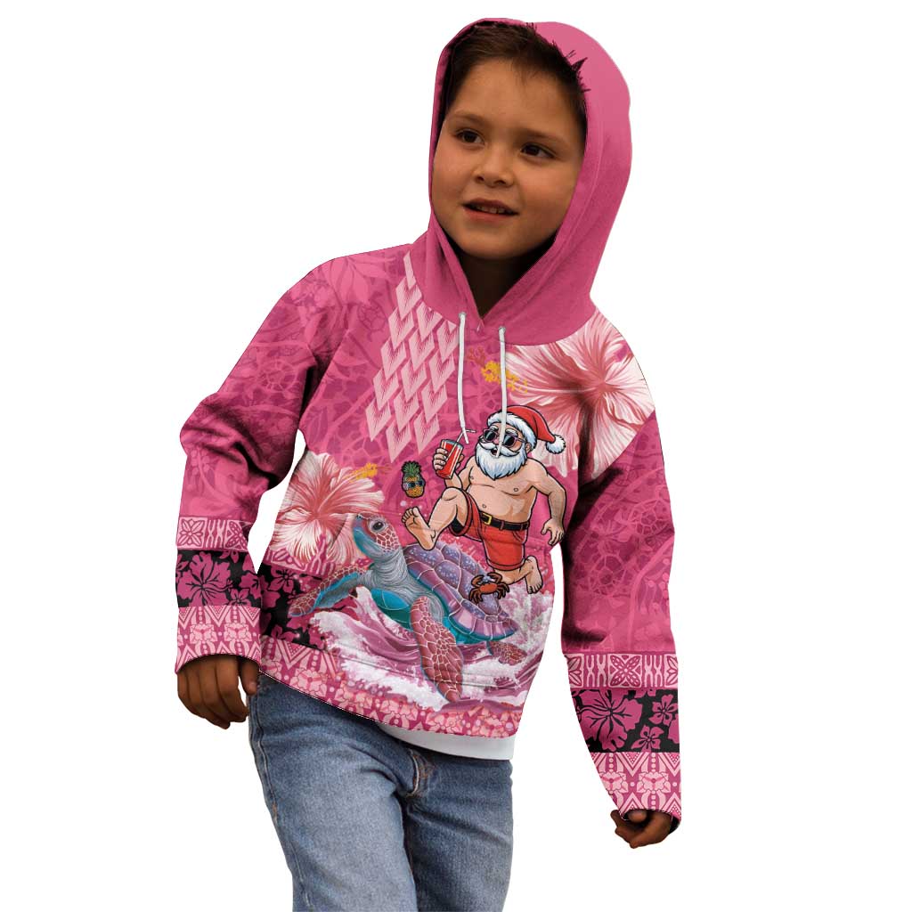 Hawaii Mele Kalikimaka Kid Hoodie Funny Santa with Tribal Tattoos Kakau Pink Color - Polynesian Pride