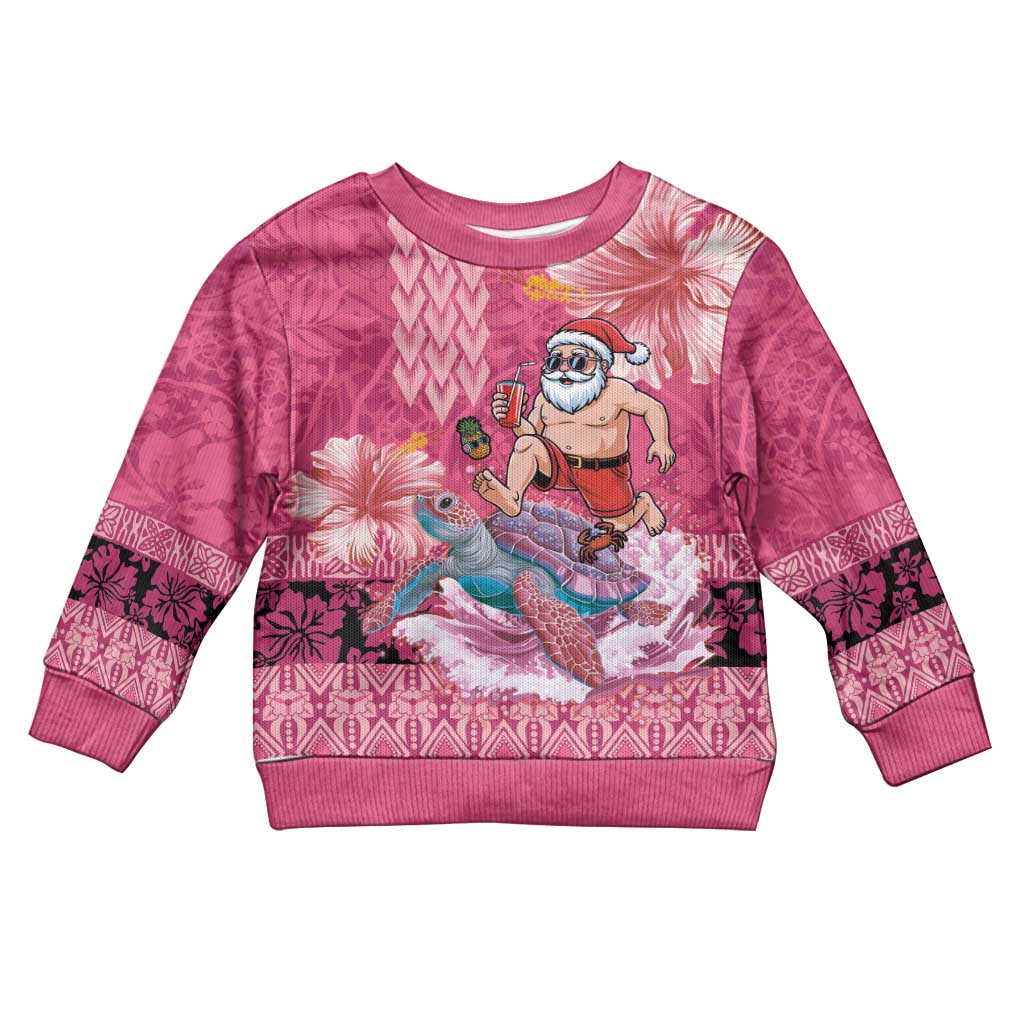 Hawaii Mele Kalikimaka Kid Ugly Christmas Sweater Funny Santa with Tribal Tattoos Kakau Pink Color LT03 Kid Pink - Polynesian Pride