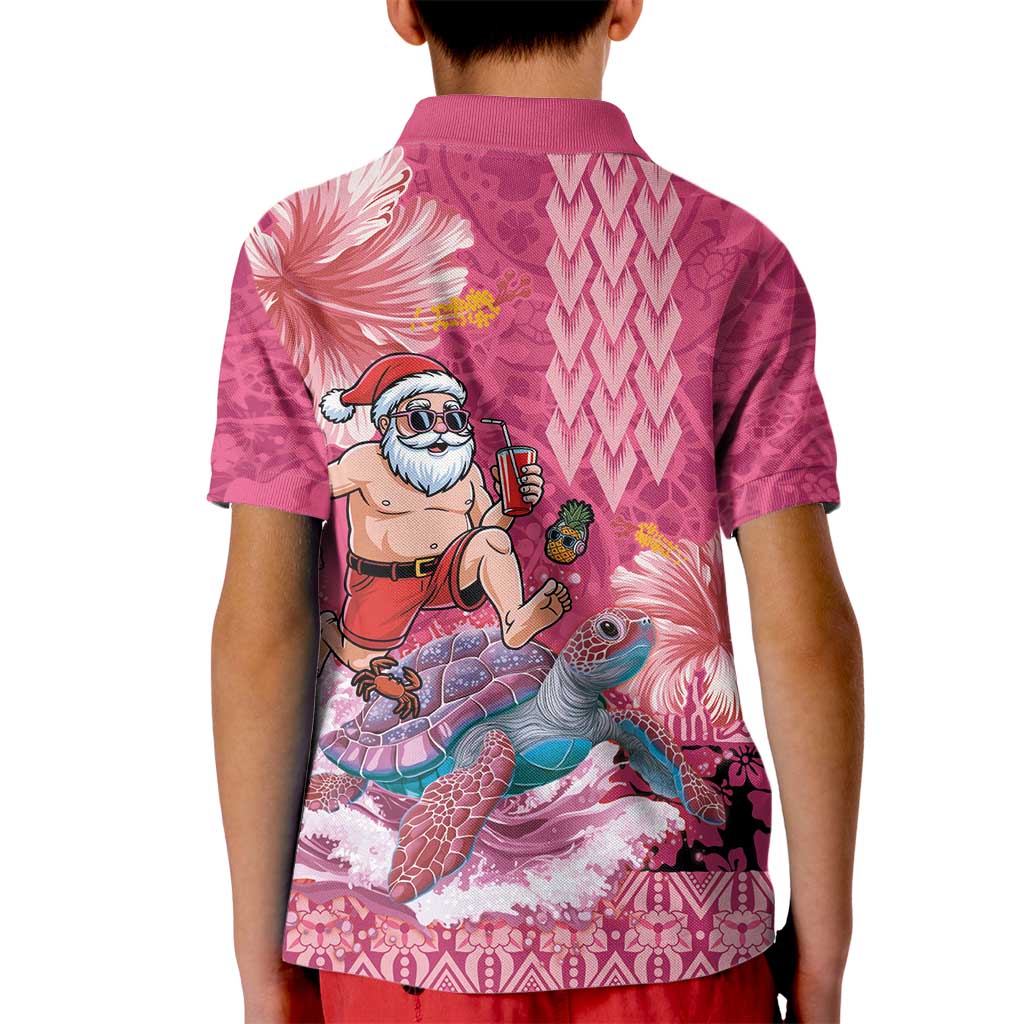 Hawaii Mele Kalikimaka Kid Polo Shirt Funny Santa with Tribal Tattoos Kakau Pink Color - Polynesian Pride