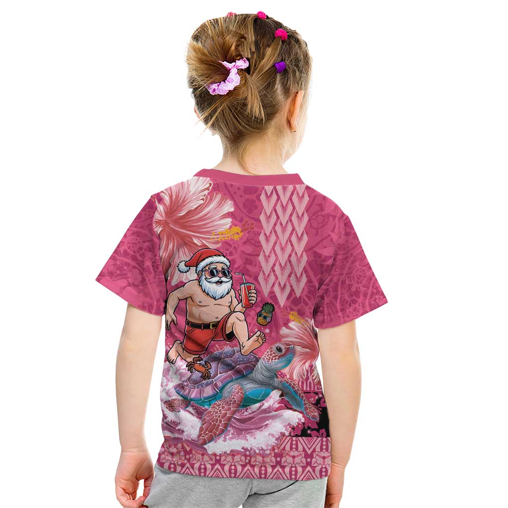 Hawaii Mele Kalikimaka Kid T Shirt Funny Santa with Tribal Tattoos Kakau Pink Color - Polynesian Pride