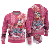 Hawaii Mele Kalikimaka Ugly Christmas Sweater Funny Santa with Tribal Tattoos Kakau Pink Color - Polynesian Pride