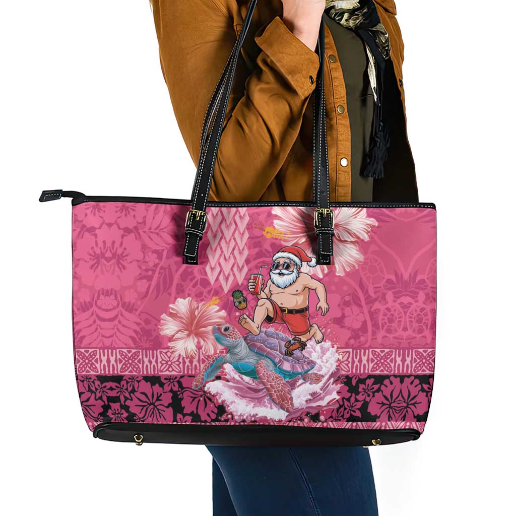 Hawaii Mele Kalikimaka Leather Tote Bag Funny Santa with Tribal Tattoos Kakau Pink Color - Polynesian Pride