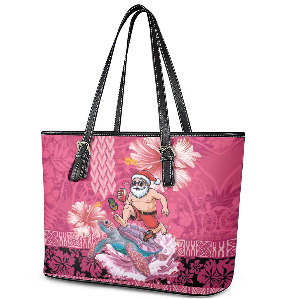 Hawaii Mele Kalikimaka Leather Tote Bag Funny Santa with Tribal Tattoos Kakau Pink Color - Polynesian Pride