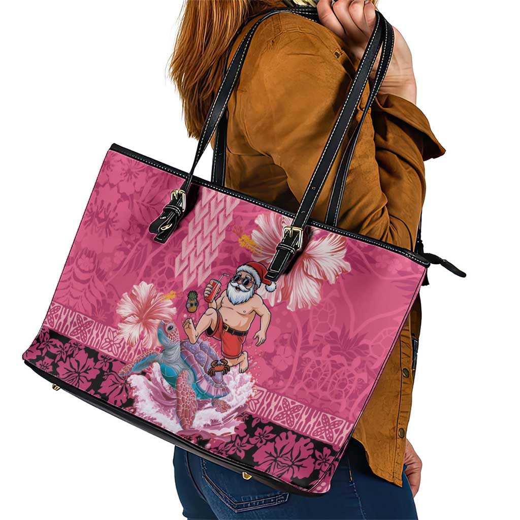 Hawaii Mele Kalikimaka Leather Tote Bag Funny Santa with Tribal Tattoos Kakau Pink Color - Polynesian Pride