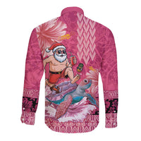 Hawaii Mele Kalikimaka Long Sleeve Button Shirt Funny Santa with Tribal Tattoos Kakau Pink Color - Polynesian Pride