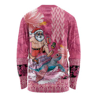 Hawaii Mele Kalikimaka Long Sleeve Shirt Funny Santa with Tribal Tattoos Kakau Pink Color - Polynesian Pride