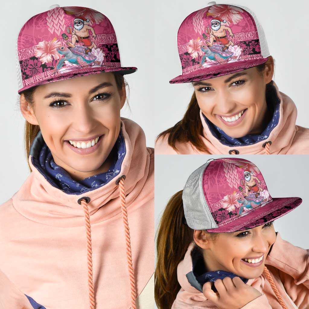 Hawaii Mele Kalikimaka Mesh Trucker Cap Funny Santa with Tribal Tattoos Kakau Pink Color - Polynesian Pride