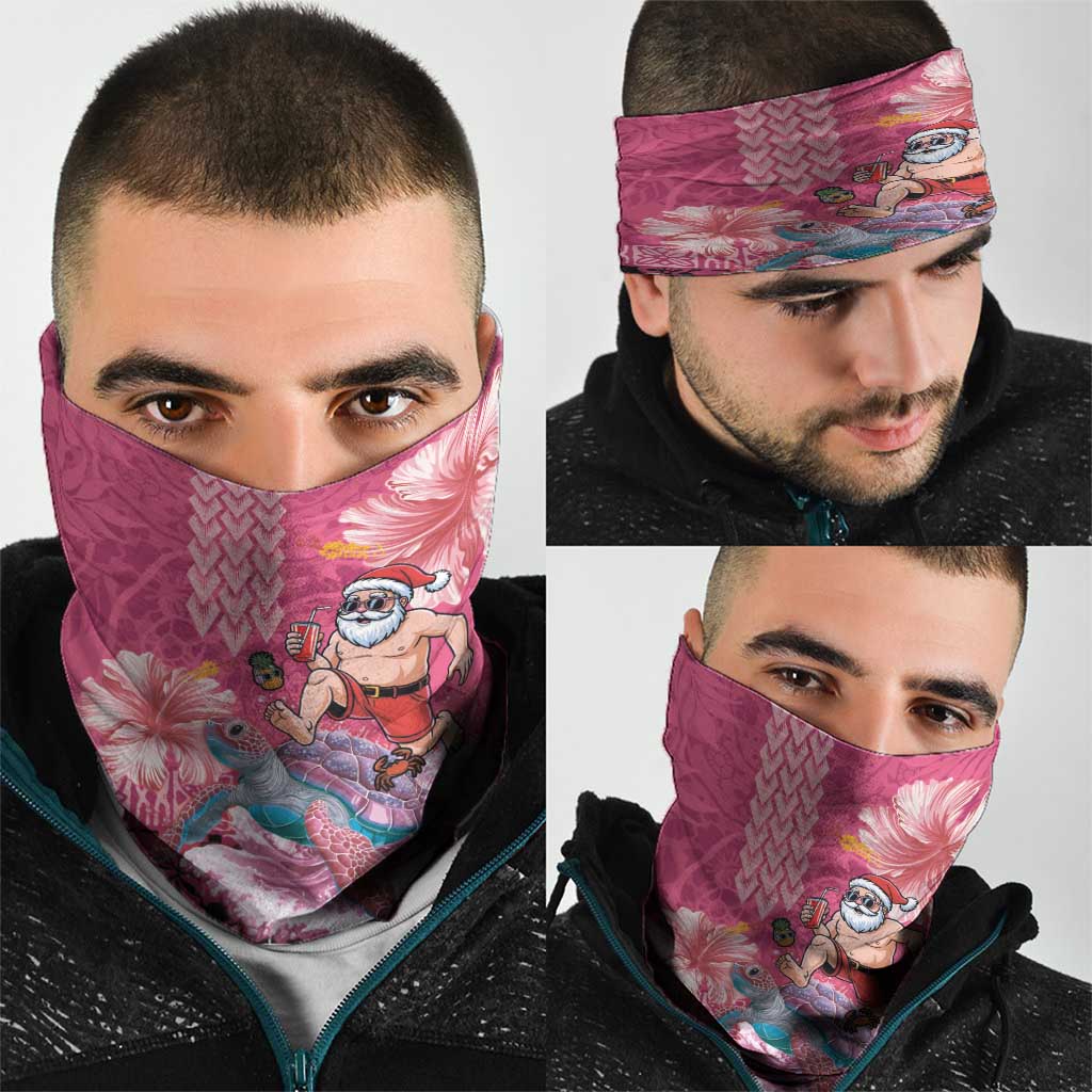 Hawaii Mele Kalikimaka Neck Gaiter Funny Santa with Tribal Tattoos Kakau Pink Color - Polynesian Pride