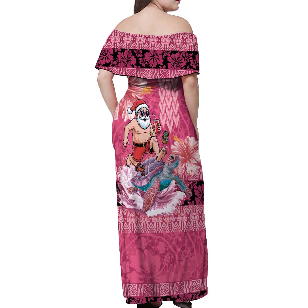 Hawaii Mele Kalikimaka Off Shoulder Maxi Dress Funny Santa with Tribal Tattoos Kakau Pink Color - Polynesian Pride