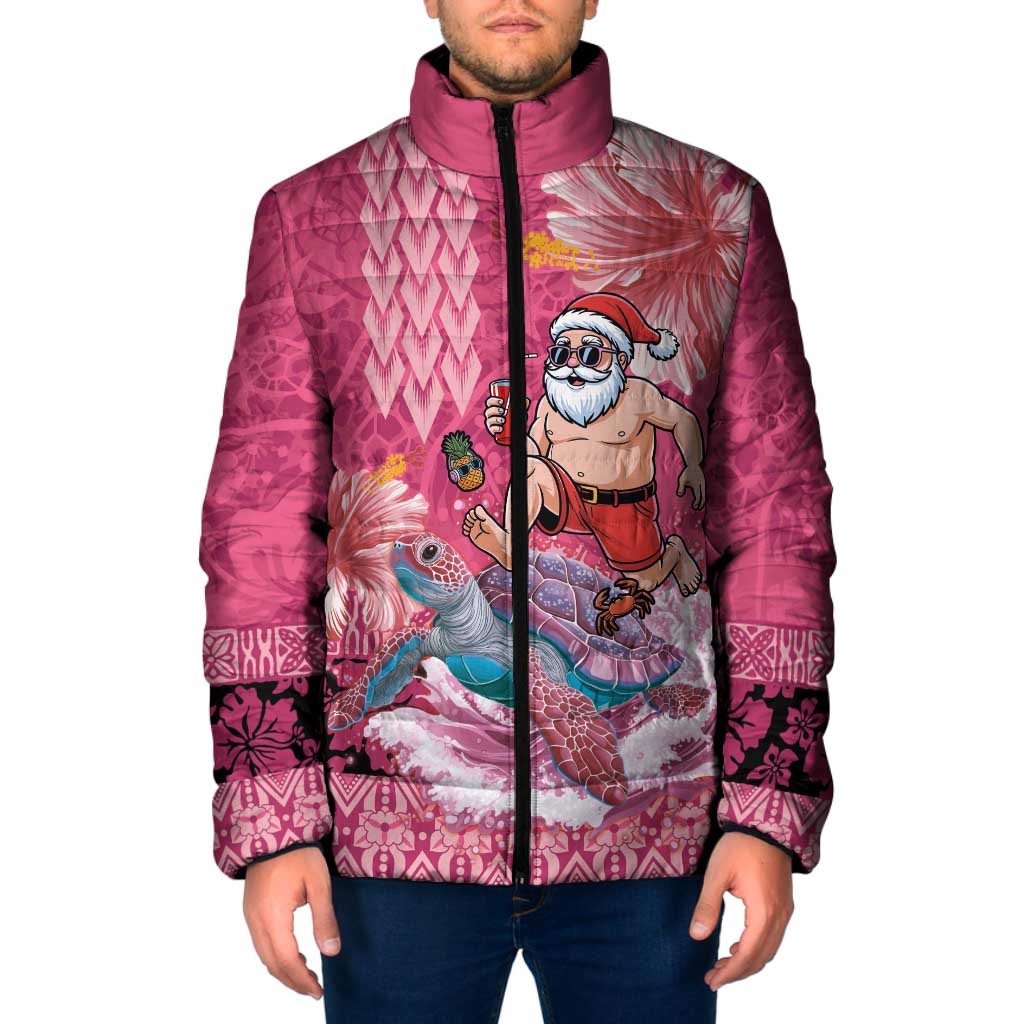 Hawaii Mele Kalikimaka Padded Jacket Funny Santa with Tribal Tattoos Kakau Pink Color - Polynesian Pride