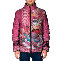 Hawaii Mele Kalikimaka Padded Jacket Funny Santa with Tribal Tattoos Kakau Pink Color - Polynesian Pride