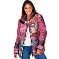 Hawaii Mele Kalikimaka Padded Jacket Funny Santa with Tribal Tattoos Kakau Pink Color - Polynesian Pride