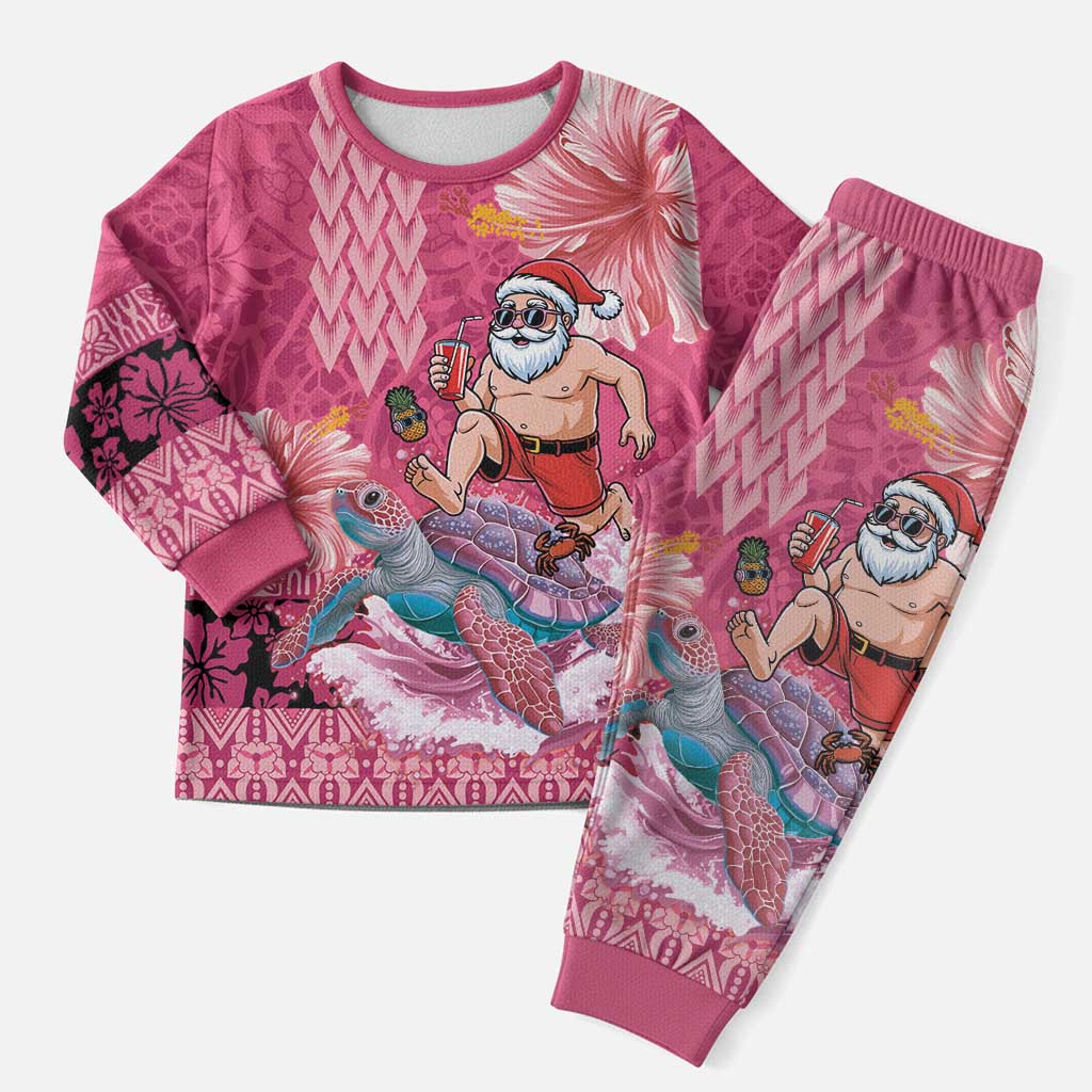 Hawaii Mele Kalikimaka Christmas Pajama Set Funny Santa with Tribal Tattoos Kakau Pink Color LT03 Men Pink - Polynesian Pride