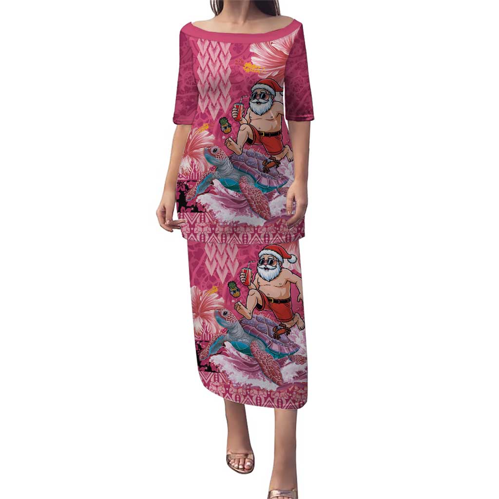 Hawaii Mele Kalikimaka Puletasi Funny Santa with Tribal Tattoos Kakau Pink Color - Polynesian Pride