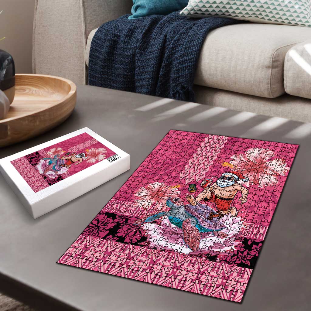 Hawaii Mele Kalikimaka Puzzle Funny Santa with Tribal Tattoos Kakau Pink Color - Polynesian Pride