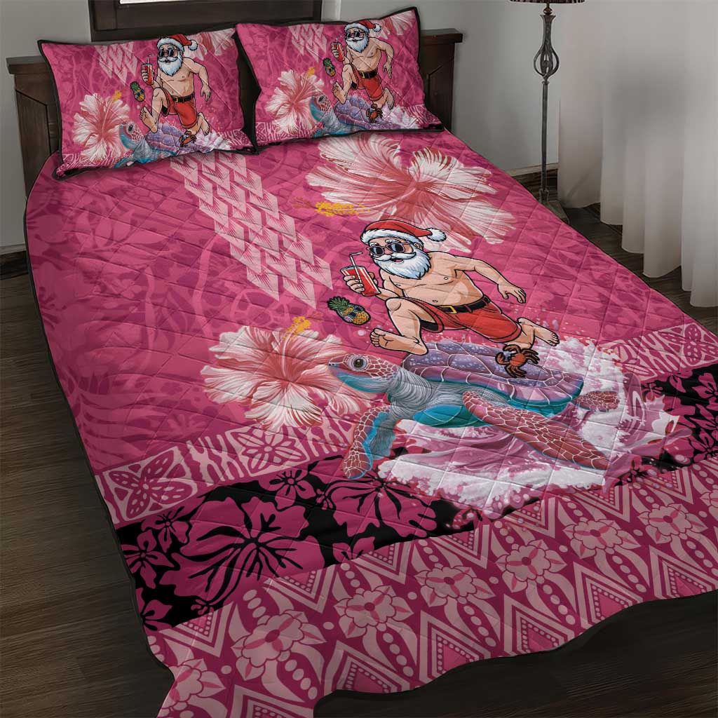 Hawaii Mele Kalikimaka Quilt Bed Set Funny Santa with Tribal Tattoos Kakau Pink Color - Polynesian Pride