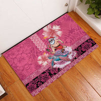 Hawaii Mele Kalikimaka Rubber Doormat Funny Santa with Tribal Tattoos Kakau Pink Color - Polynesian Pride