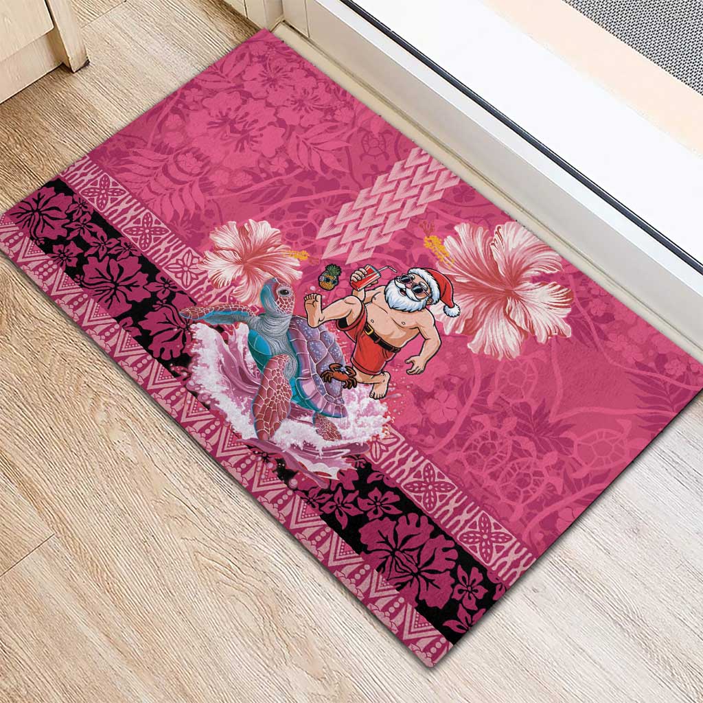 Hawaii Mele Kalikimaka Rubber Doormat Funny Santa with Tribal Tattoos Kakau Pink Color - Polynesian Pride