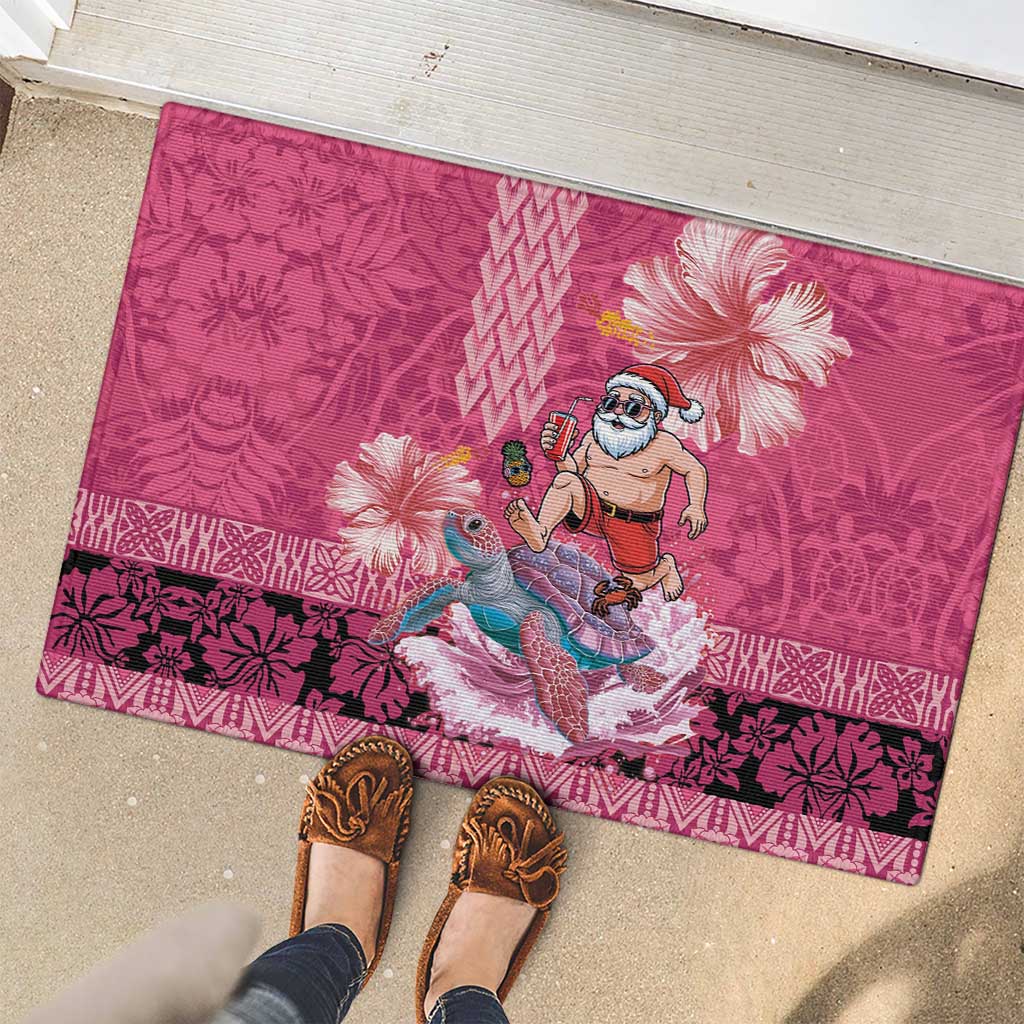 Hawaii Mele Kalikimaka Rubber Doormat Funny Santa with Tribal Tattoos Kakau Pink Color - Polynesian Pride