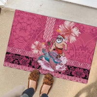 Hawaii Mele Kalikimaka Rubber Doormat Funny Santa with Tribal Tattoos Kakau Pink Color - Polynesian Pride