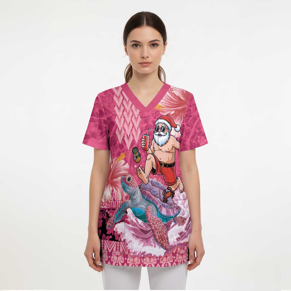 Hawaii Mele Kalikimaka Scrub Top Funny Santa with Tribal Tattoos Kakau Pink Color - Polynesian Pride