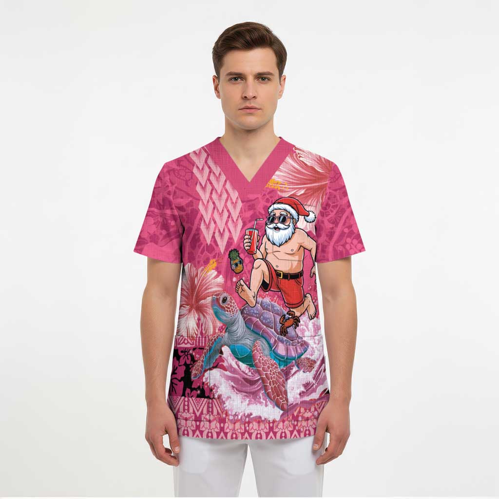 Hawaii Mele Kalikimaka Scrub Top Funny Santa with Tribal Tattoos Kakau Pink Color - Polynesian Pride