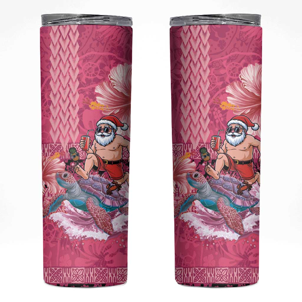Hawaii Mele Kalikimaka Skinny Tumbler Funny Santa with Tribal Tattoos Kakau Pink Color - Polynesian Pride