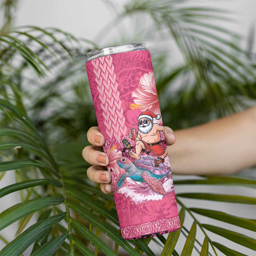 Hawaii Mele Kalikimaka Skinny Tumbler Funny Santa with Tribal Tattoos Kakau Pink Color - Polynesian Pride