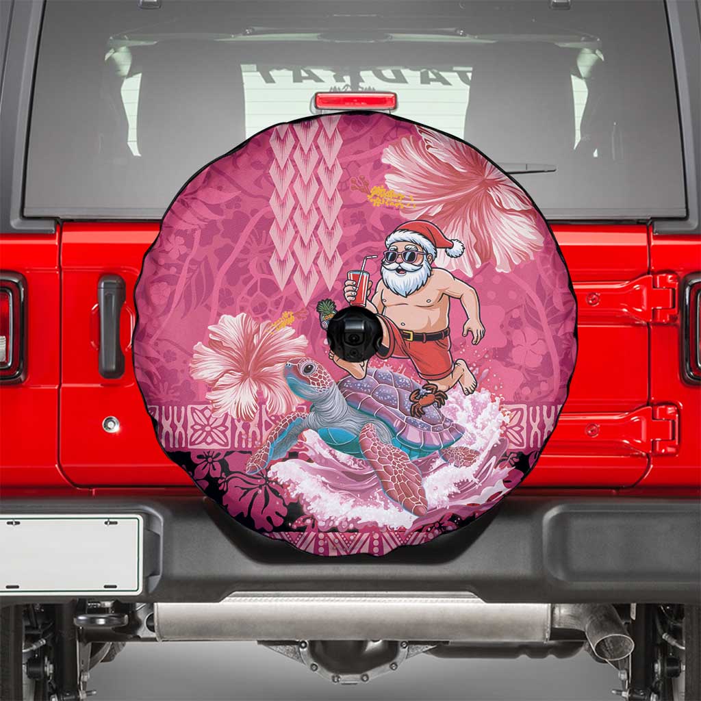 Hawaii Mele Kalikimaka Spare Tire Cover Funny Santa with Tribal Tattoos Kakau Pink Color - Polynesian Pride