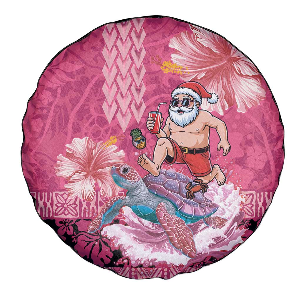 Hawaii Mele Kalikimaka Spare Tire Cover Funny Santa with Tribal Tattoos Kakau Pink Color - Polynesian Pride