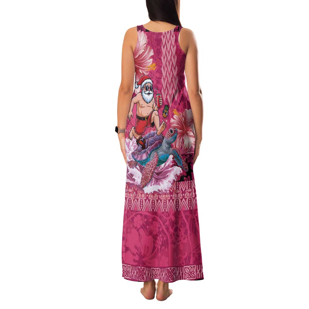 Hawaii Mele Kalikimaka Tank Maxi Dress Funny Santa with Tribal Tattoos Kakau Pink Color - Polynesian Pride