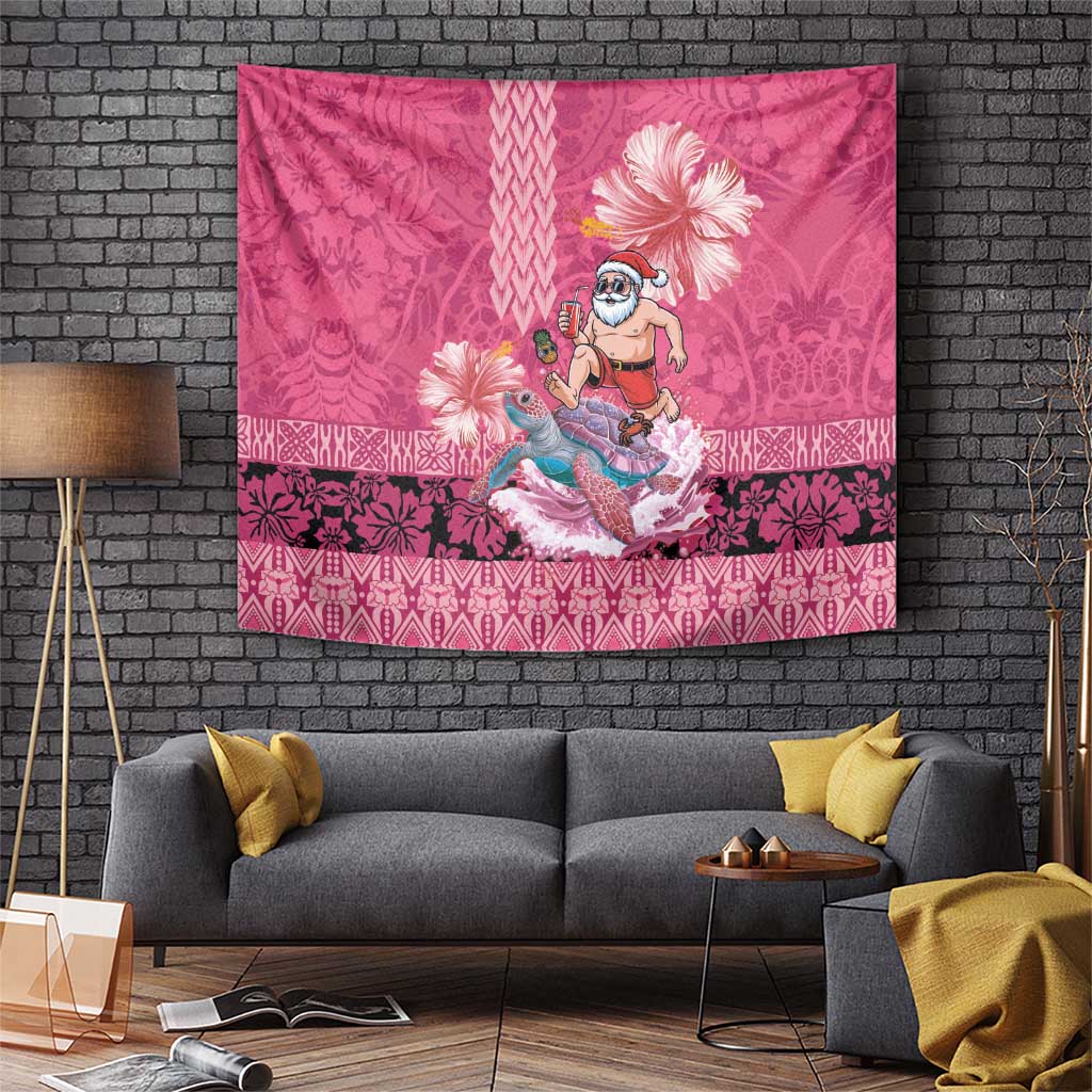 Hawaii Mele Kalikimaka Tapestry Funny Santa with Tribal Tattoos Kakau Pink Color - Polynesian Pride