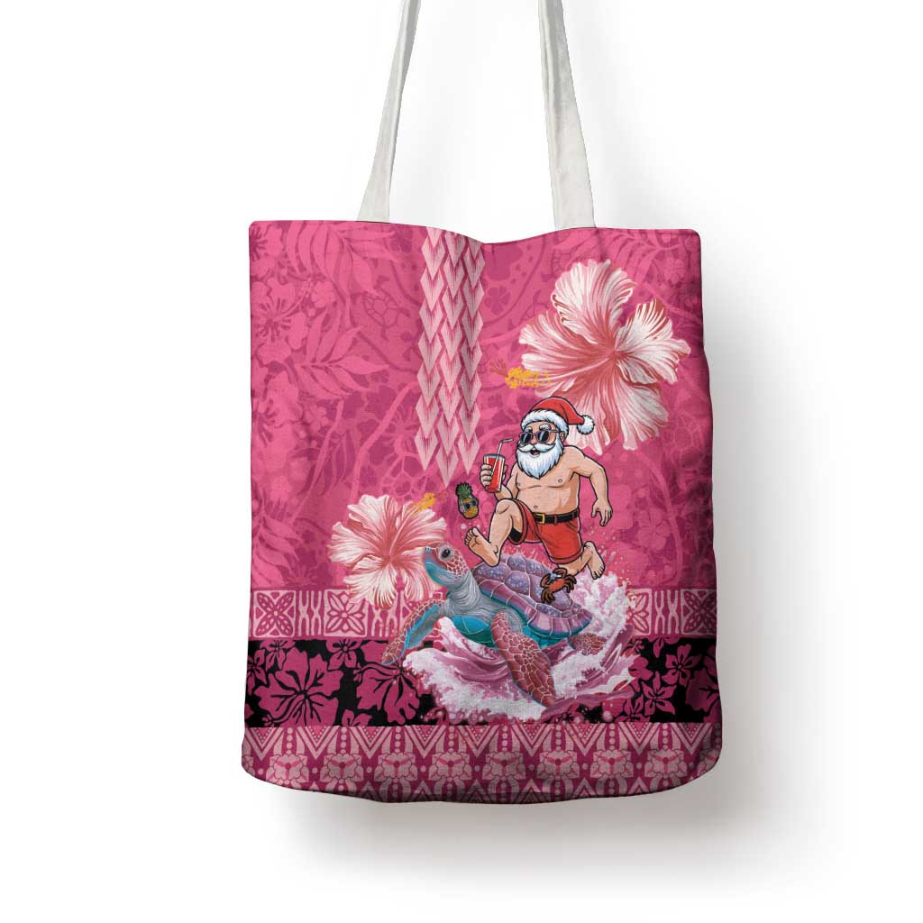 Hawaii Mele Kalikimaka Tote Bag Funny Santa with Tribal Tattoos Kakau Pink Color - Polynesian Pride