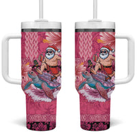 Hawaii Mele Kalikimaka Tumbler With Handle Funny Santa with Tribal Tattoos Kakau Pink Color - Polynesian Pride