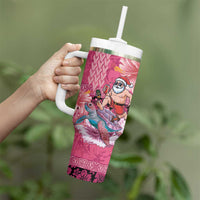 Hawaii Mele Kalikimaka Tumbler With Handle Funny Santa with Tribal Tattoos Kakau Pink Color - Polynesian Pride