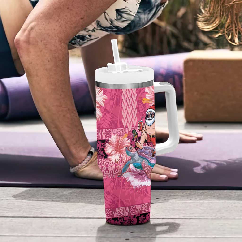 Hawaii Mele Kalikimaka Tumbler With Handle Funny Santa with Tribal Tattoos Kakau Pink Color - Polynesian Pride