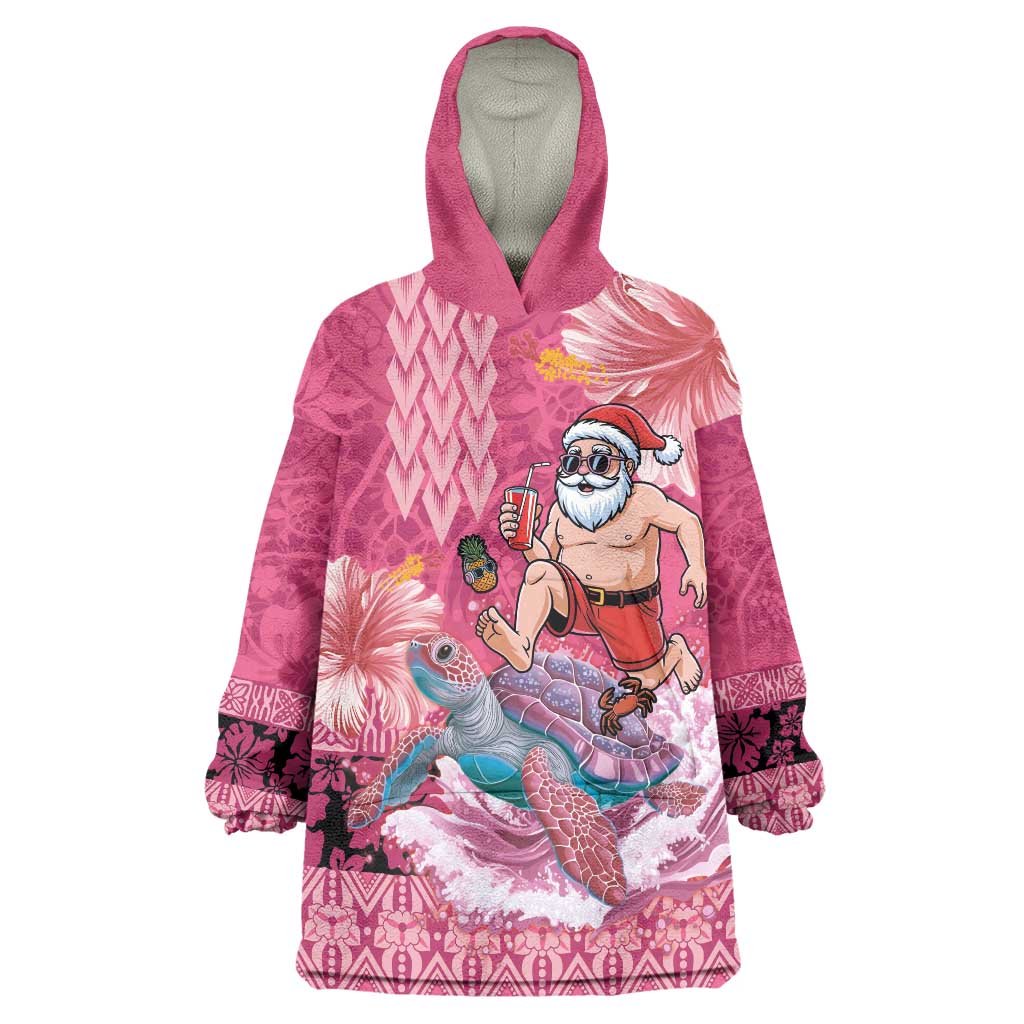 Hawaii Mele Kalikimaka Wearable Blanket Hoodie Funny Santa with Tribal Tattoos Kakau Pink Color - Polynesian Pride