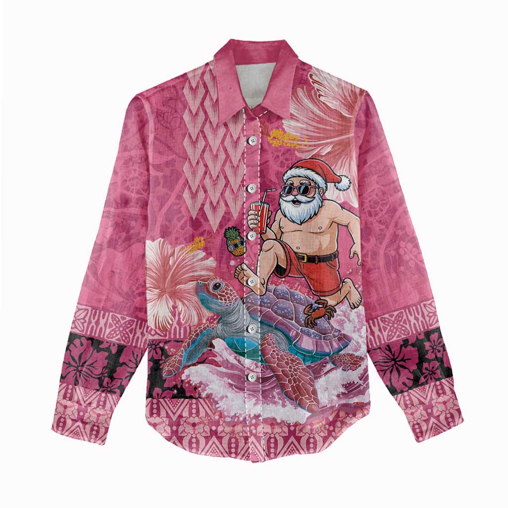 Hawaii Mele Kalikimaka Women Casual Shirt Funny Santa with Tribal Tattoos Kakau Pink Color - Polynesian Pride