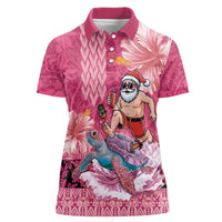 Hawaii Mele Kalikimaka Women Polo Shirt Funny Santa with Tribal Tattoos Kakau Pink Color - Polynesian Pride