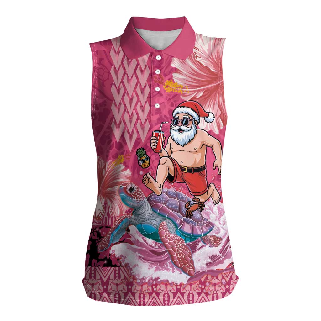 Hawaii Mele Kalikimaka Women Sleeveless Polo Shirt Funny Santa with Tribal Tattoos Kakau Pink Color - Polynesian Pride