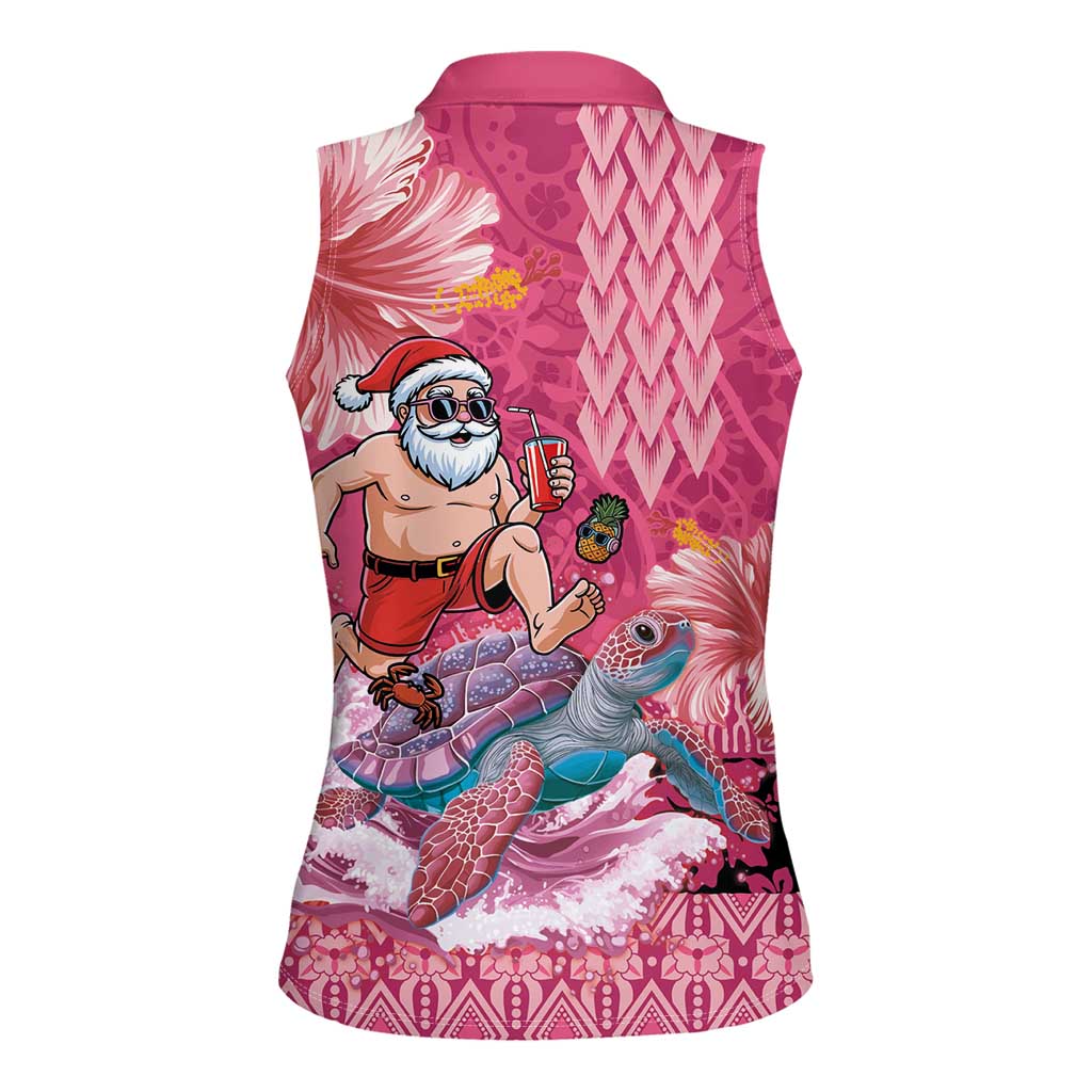Hawaii Mele Kalikimaka Women Sleeveless Polo Shirt Funny Santa with Tribal Tattoos Kakau Pink Color - Polynesian Pride