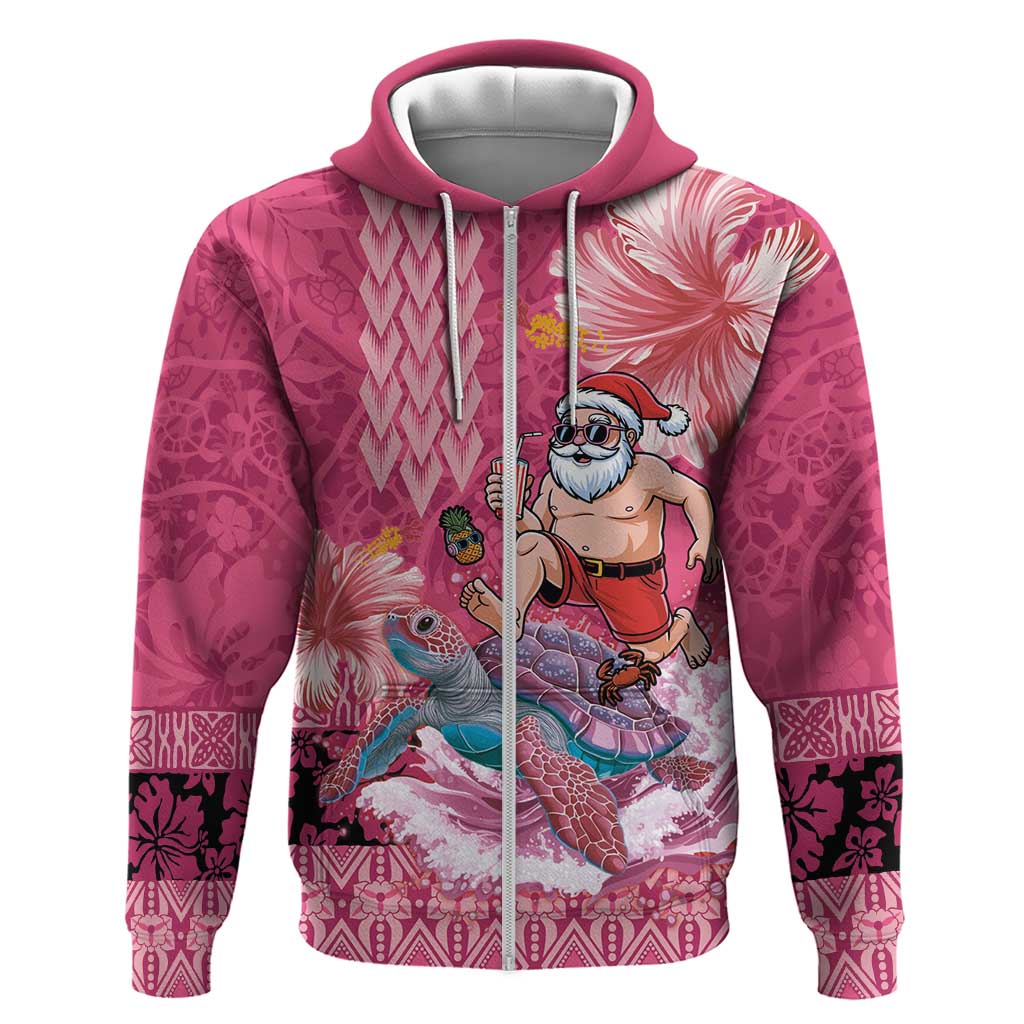 Hawaii Mele Kalikimaka Zip Hoodie Funny Santa with Tribal Tattoos Kakau Pink Color - Polynesian Pride