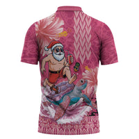 Hawaii Mele Kalikimaka Zipper Polo Shirt Funny Santa with Tribal Tattoos Kakau Pink Color - Polynesian Pride