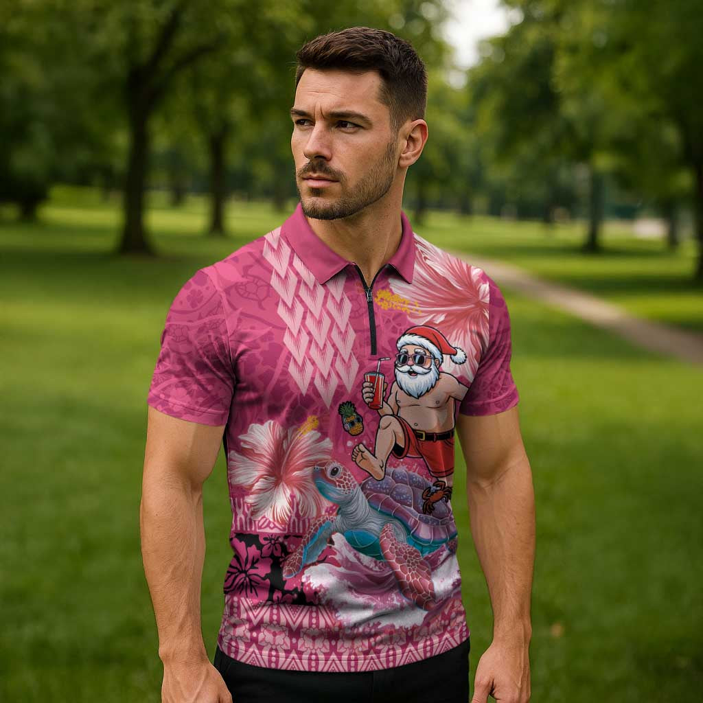 Hawaii Mele Kalikimaka Zipper Polo Shirt Funny Santa with Tribal Tattoos Kakau Pink Color - Polynesian Pride